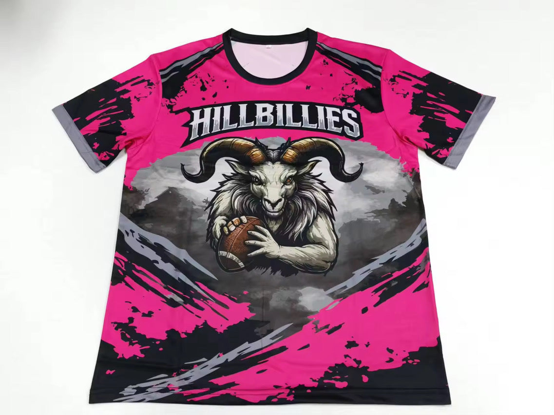 Pink and black sublimated polyester shirt with ram mascot team design, front view
