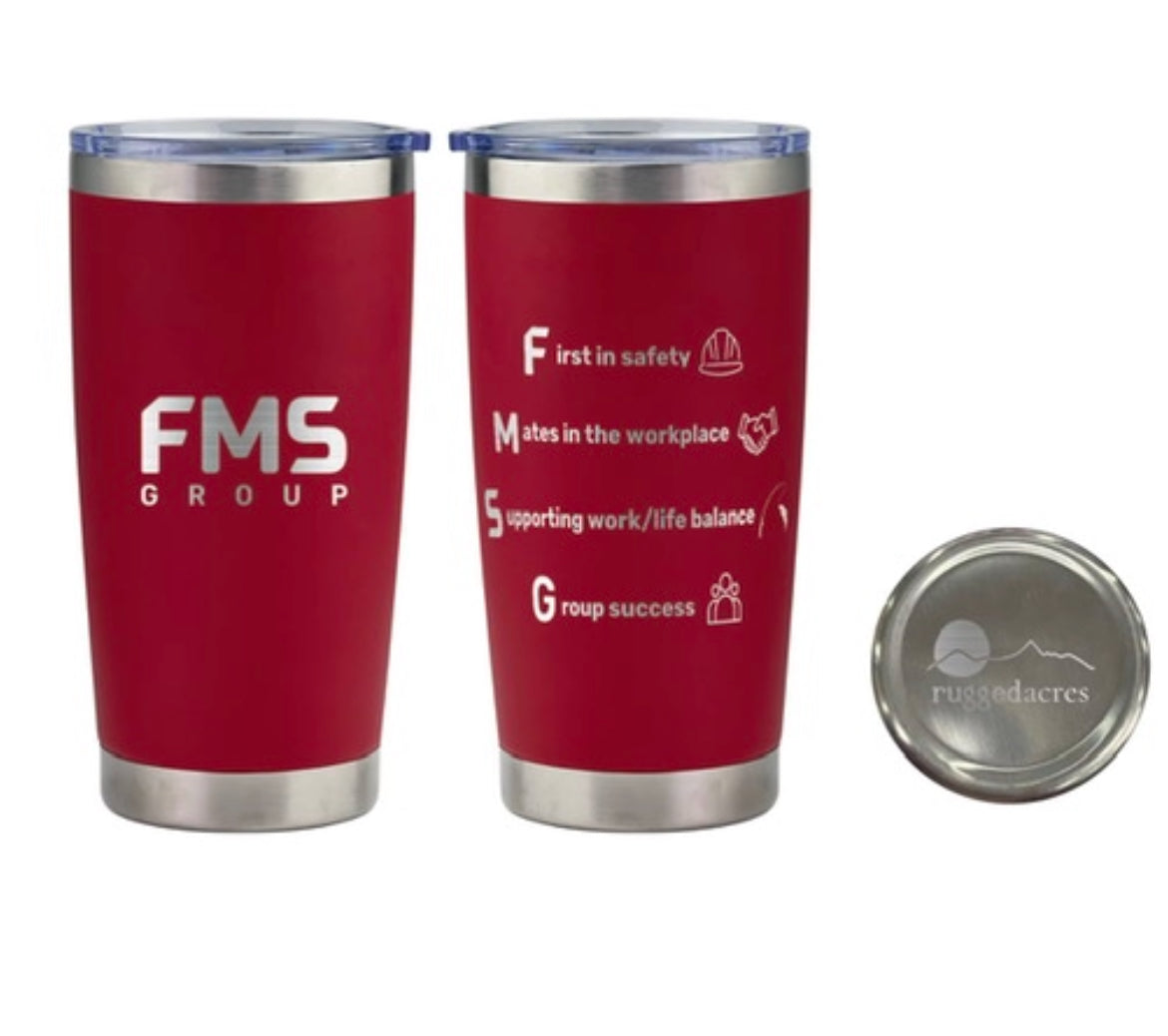 Red custom travel coffee cups with engraved company logo and text, plus engraved base