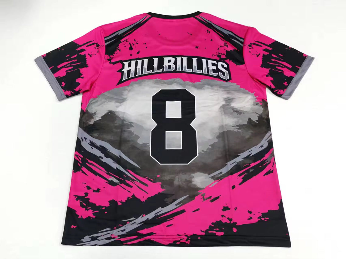 Back of pink and black sublimated team shirt with player number eight