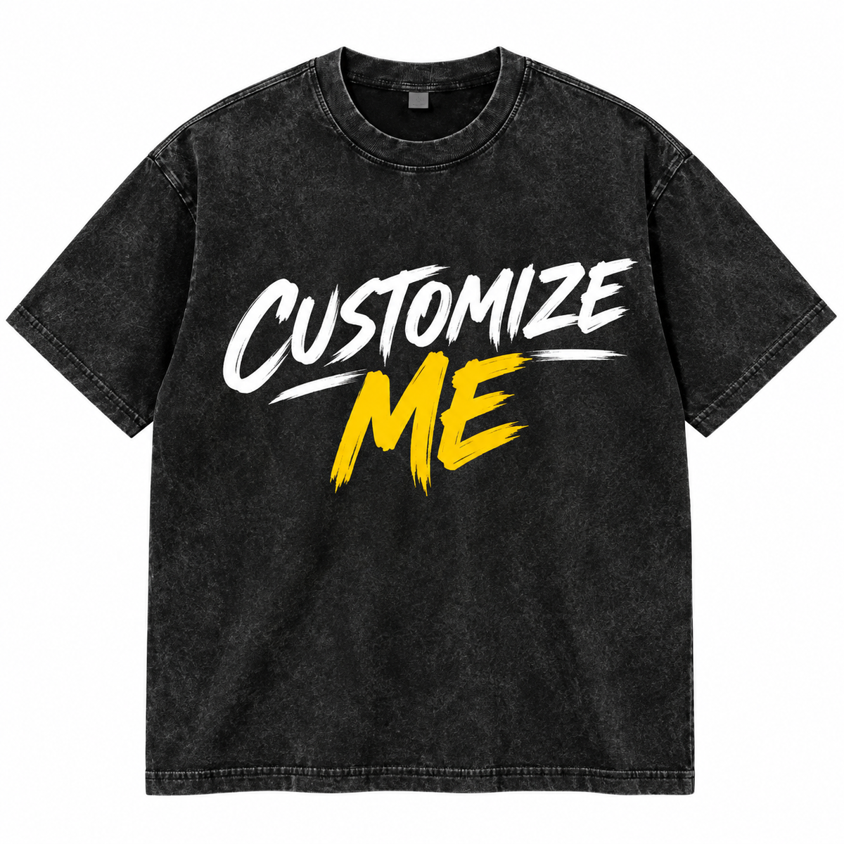Black acid-wash custom T-shirt mockup with bold sample print on the front, Rugged Acres