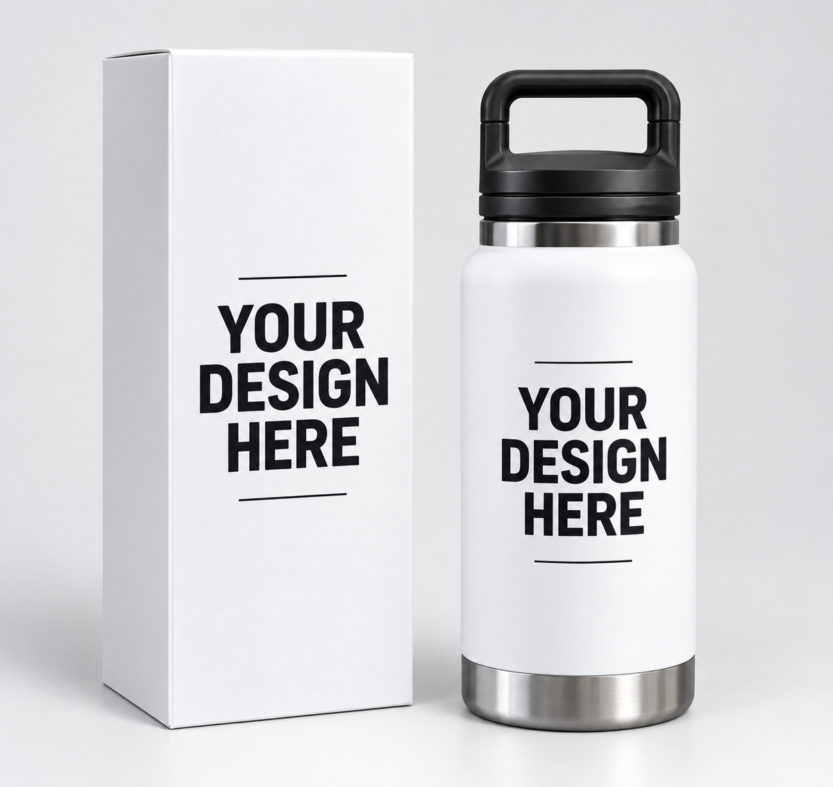 White insulated water bottle and gift box mockup with your design here placeholder, Rugged Acres