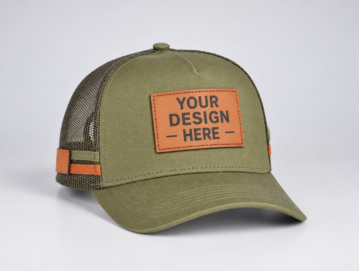 Olive green trucker hat mockup with leather your design here patch, Rugged Acres